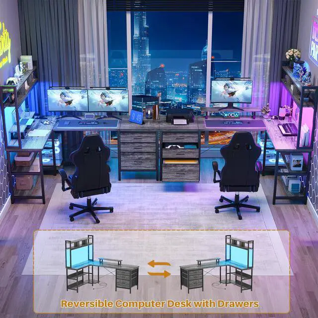 Alt view image 6 of 6 - L Shaped Desk with Hutch, Gaming Desk with Led Lights, Reversible Computer Desk with Power Outlet, Corner Desk with File Drawer & Monitor Stand, Storage Shelves for Home Office, Black Oak