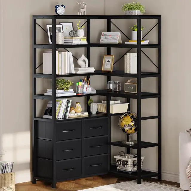 Main image of Corner Bookshelf, 7-Tier Bookcases Tall Convertible Book Shelf with 6 Fabric Drawers, Industrial Corner Bookshelves for Living Room, Kitchen, Home Office, Rustic Black