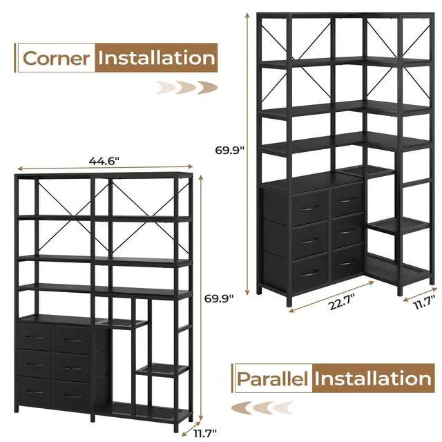 Alt view image 2 of 6 - Corner Bookshelf, 7-Tier Bookcases Tall Convertible Book Shelf with 6 Fabric Drawers, Industrial Corner Bookshelves for Living Room, Kitchen, Home Office, Rustic Black