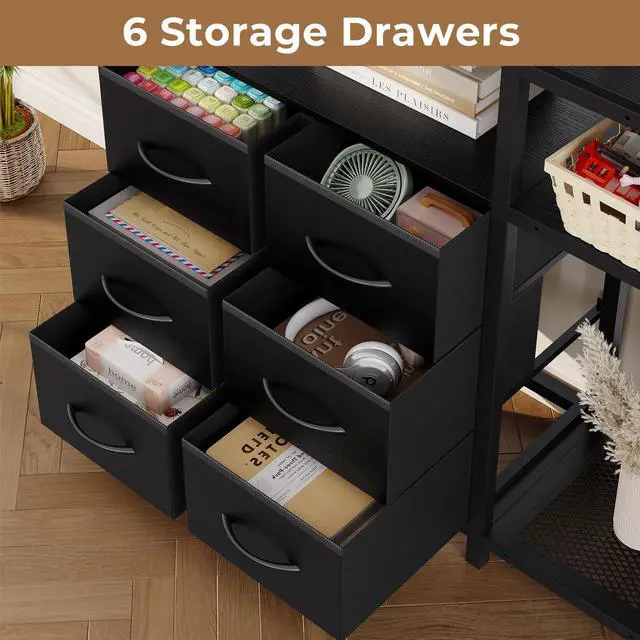 Alt view image 3 of 6 - Corner Bookshelf, 7-Tier Bookcases Tall Convertible Book Shelf with 6 Fabric Drawers, Industrial Corner Bookshelves for Living Room, Kitchen, Home Office, Rustic Black