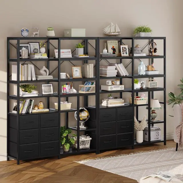 Alt view image 4 of 6 - Corner Bookshelf, 7-Tier Bookcases Tall Convertible Book Shelf with 6 Fabric Drawers, Industrial Corner Bookshelves for Living Room, Kitchen, Home Office, Rustic Black