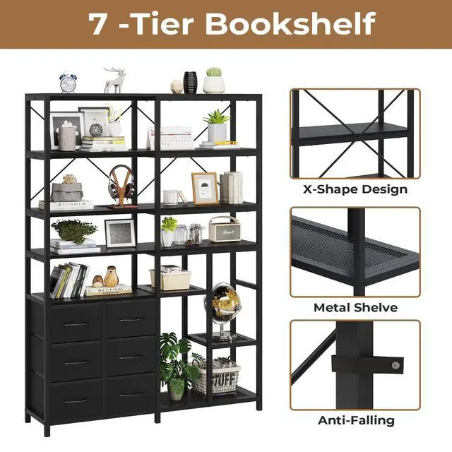 Alt view image 5 of 6 - Corner Bookshelf, 7-Tier Bookcases Tall Convertible Book Shelf with 6 Fabric Drawers, Industrial Corner Bookshelves for Living Room, Kitchen, Home Office, Rustic Black