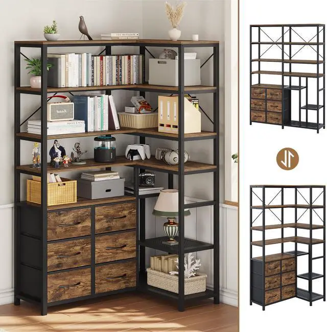 Main image of Corner Bookshelf, 7-Tier Industrial Convertible Book Shelf with 6 Fabric Drawers, Corner Bookcase Freestanding Display Shelf for Living Room, Kitchen, Home Office, Rustic Brown
