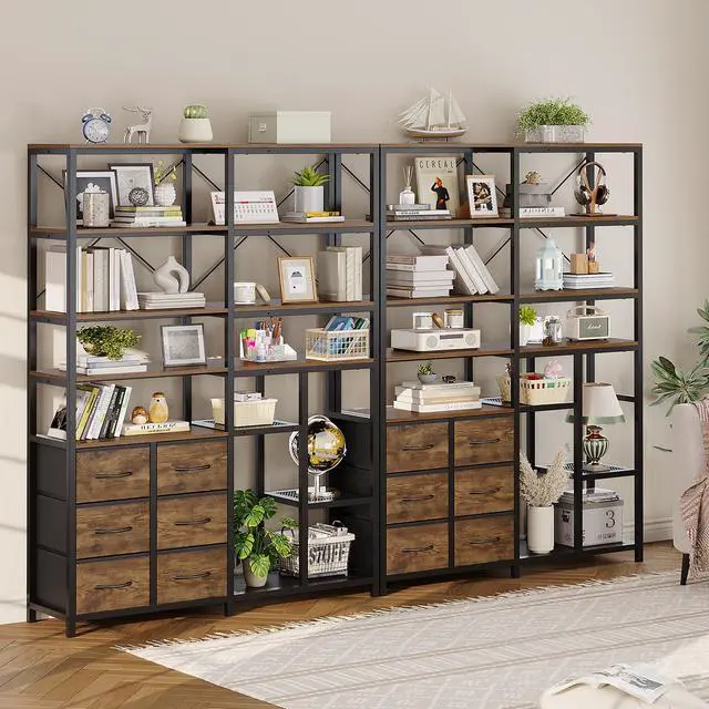Alt view image 2 of 6 - Corner Bookshelf, 7-Tier Industrial Convertible Book Shelf with 6 Fabric Drawers, Corner Bookcase Freestanding Display Shelf for Living Room, Kitchen, Home Office, Rustic Brown
