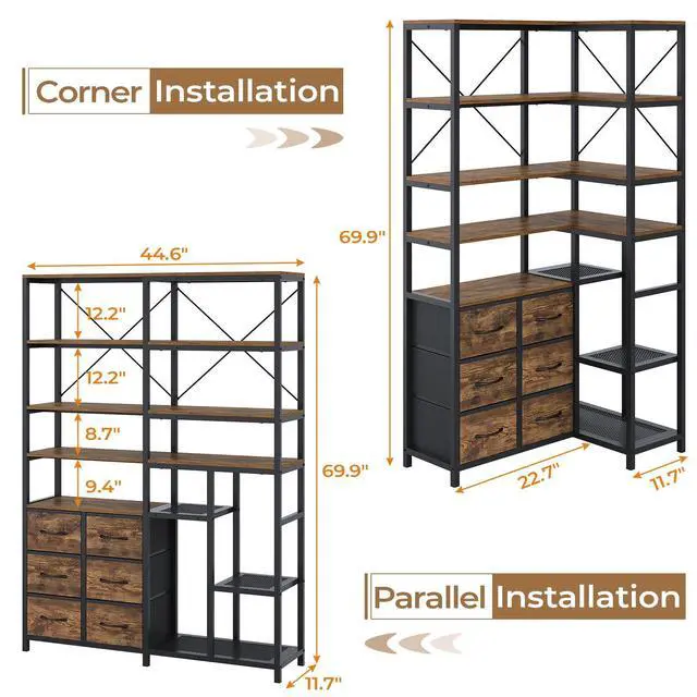 Alt view image 3 of 6 - Corner Bookshelf, 7-Tier Industrial Convertible Book Shelf with 6 Fabric Drawers, Corner Bookcase Freestanding Display Shelf for Living Room, Kitchen, Home Office, Rustic Brown