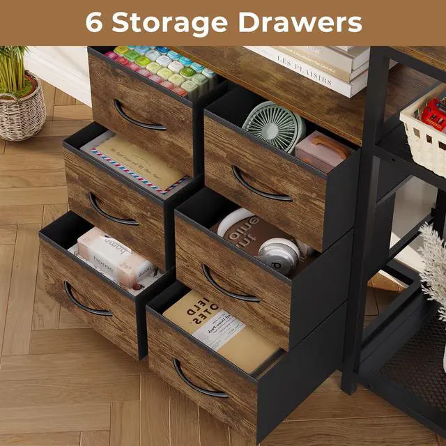 Alt view image 4 of 6 - Corner Bookshelf, 7-Tier Industrial Convertible Book Shelf with 6 Fabric Drawers, Corner Bookcase Freestanding Display Shelf for Living Room, Kitchen, Home Office, Rustic Brown