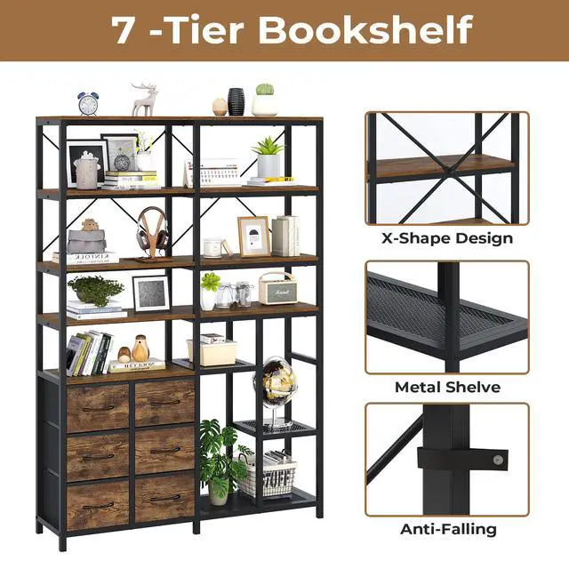 Alt view image 5 of 6 - Corner Bookshelf, 7-Tier Industrial Convertible Book Shelf with 6 Fabric Drawers, Corner Bookcase Freestanding Display Shelf for Living Room, Kitchen, Home Office, Rustic Brown