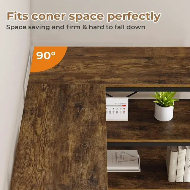 Alt view image 6 of 6 - Corner Bookshelf, 7-Tier Industrial Convertible Book Shelf with 6 Fabric Drawers, Corner Bookcase Freestanding Display Shelf for Living Room, Kitchen, Home Office, Rustic Brown