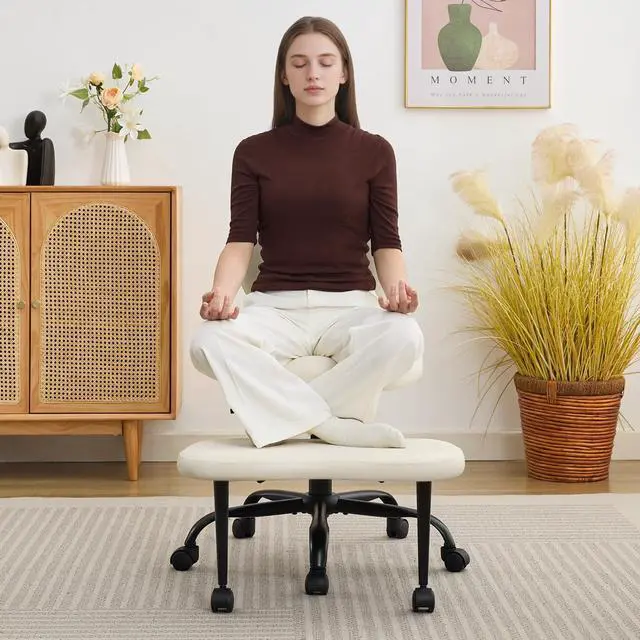 Main image of Criss Cross Legged Meditaion Chair,Exquisite Home Office Furniture,Ergonomic Kneeling with Lumbar Support and Adjustable Height Stool,for ADHD Adults,Teddy Fabric (White, Faux Leather)