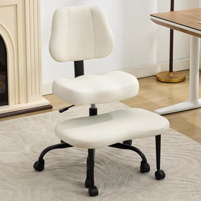 Alt view image 3 of 6 - Criss Cross Legged Meditaion Chair,Exquisite Home Office Furniture,Ergonomic Kneeling with Lumbar Support and Adjustable Height Stool,for ADHD Adults,Teddy Fabric (White, Faux Leather)
