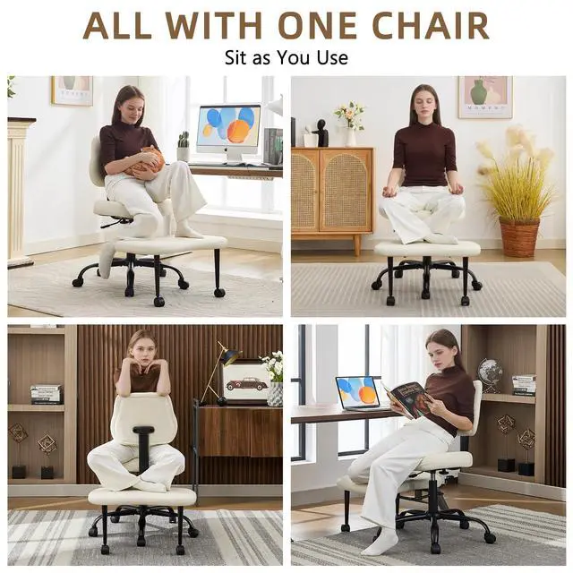 Alt view image 4 of 6 - Criss Cross Legged Meditaion Chair,Exquisite Home Office Furniture,Ergonomic Kneeling with Lumbar Support and Adjustable Height Stool,for ADHD Adults,Teddy Fabric (White, Faux Leather)