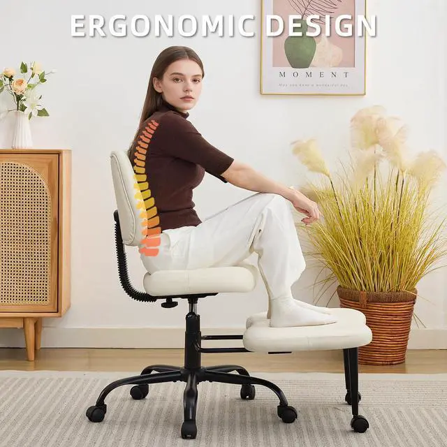 Alt view image 5 of 6 - Criss Cross Legged Meditaion Chair,Exquisite Home Office Furniture,Ergonomic Kneeling with Lumbar Support and Adjustable Height Stool,for ADHD Adults,Teddy Fabric (White, Faux Leather)