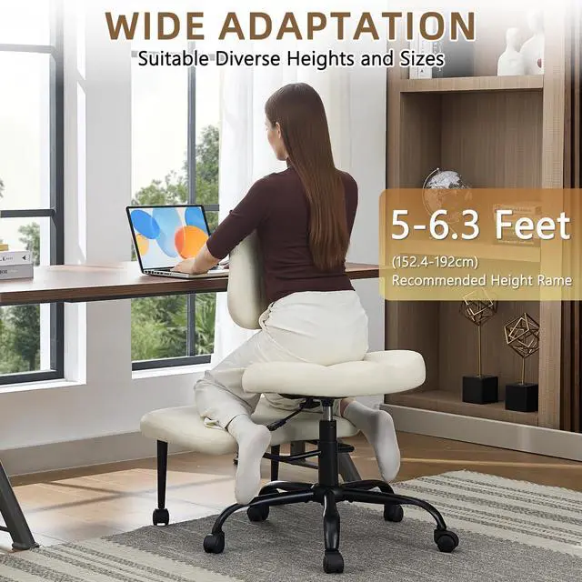 Alt view image 6 of 6 - Criss Cross Legged Meditaion Chair,Exquisite Home Office Furniture,Ergonomic Kneeling with Lumbar Support and Adjustable Height Stool,for ADHD Adults,Teddy Fabric (White, Faux Leather)