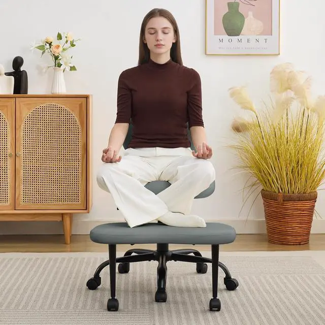 Main image of Criss Cross Legged Meditaion Chair,Exquisite Home Office Furniture,Ergonomic Kneeling with Lumbar Support and Adjustable Height Stool,for ADHD Adults,Teddy Fabric (Grey, Faux Leather)