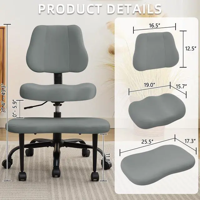 Alt view image 2 of 6 - Criss Cross Legged Meditaion Chair,Exquisite Home Office Furniture,Ergonomic Kneeling with Lumbar Support and Adjustable Height Stool,for ADHD Adults,Teddy Fabric (Grey, Faux Leather)