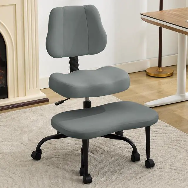 Alt view image 3 of 6 - Criss Cross Legged Meditaion Chair,Exquisite Home Office Furniture,Ergonomic Kneeling with Lumbar Support and Adjustable Height Stool,for ADHD Adults,Teddy Fabric (Grey, Faux Leather)