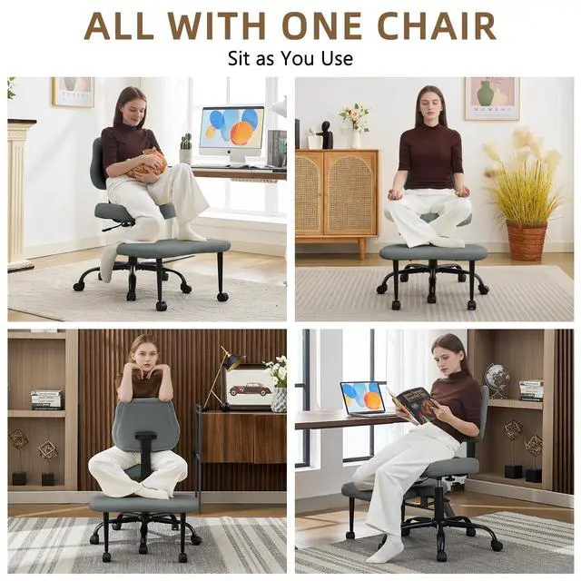 Alt view image 4 of 6 - Criss Cross Legged Meditaion Chair,Exquisite Home Office Furniture,Ergonomic Kneeling with Lumbar Support and Adjustable Height Stool,for ADHD Adults,Teddy Fabric (Grey, Faux Leather)