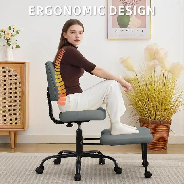 Alt view image 5 of 6 - Criss Cross Legged Meditaion Chair,Exquisite Home Office Furniture,Ergonomic Kneeling with Lumbar Support and Adjustable Height Stool,for ADHD Adults,Teddy Fabric (Grey, Faux Leather)