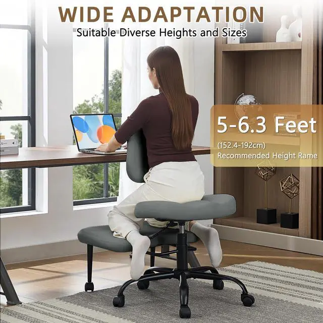 Alt view image 6 of 6 - Criss Cross Legged Meditaion Chair,Exquisite Home Office Furniture,Ergonomic Kneeling with Lumbar Support and Adjustable Height Stool,for ADHD Adults,Teddy Fabric (Grey, Faux Leather)