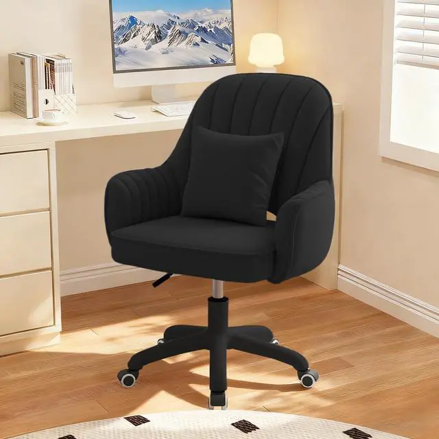 Main image of Mid-Back Velvet Desk Chair, Height Adjustable Swivel Vanity Chair with Wheels, Rolling Accent Chair for Home Office, Bedroom, Living Room, Black