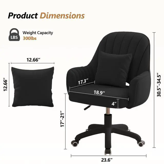 Alt view image 2 of 6 - Mid-Back Velvet Desk Chair, Height Adjustable Swivel Vanity Chair with Wheels, Rolling Accent Chair for Home Office, Bedroom, Living Room, Black