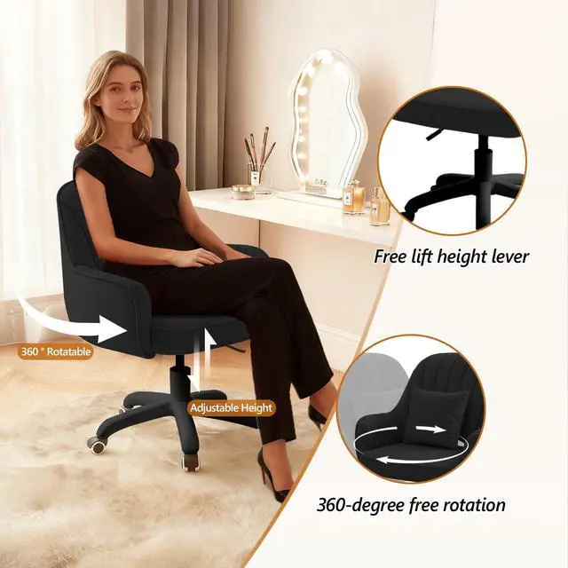 Alt view image 3 of 6 - Mid-Back Velvet Desk Chair, Height Adjustable Swivel Vanity Chair with Wheels, Rolling Accent Chair for Home Office, Bedroom, Living Room, Black