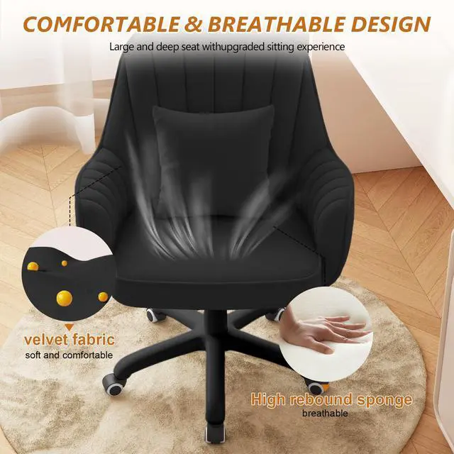 Alt view image 4 of 6 - Mid-Back Velvet Desk Chair, Height Adjustable Swivel Vanity Chair with Wheels, Rolling Accent Chair for Home Office, Bedroom, Living Room, Black