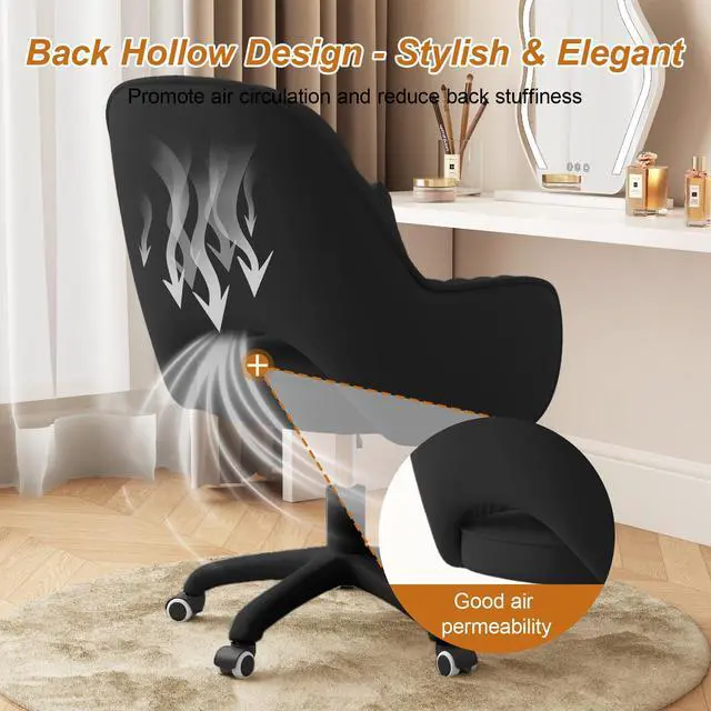 Alt view image 5 of 6 - Mid-Back Velvet Desk Chair, Height Adjustable Swivel Vanity Chair with Wheels, Rolling Accent Chair for Home Office, Bedroom, Living Room, Black
