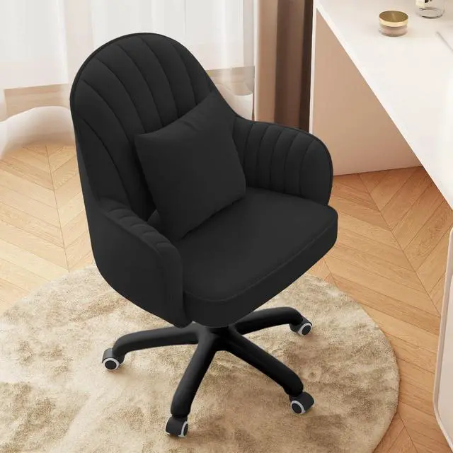 Alt view image 6 of 6 - Mid-Back Velvet Desk Chair, Height Adjustable Swivel Vanity Chair with Wheels, Rolling Accent Chair for Home Office, Bedroom, Living Room, Black