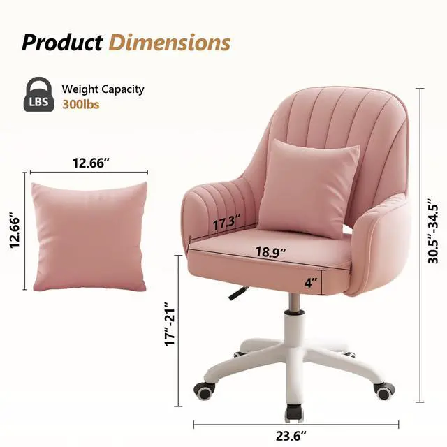 Alt view image 2 of 6 - Mid-Back Velvet Desk Chair, Height Adjustable Swivel Vanity Chair with Wheels, Rolling Accent Chair for Home Office, Bedroom, Living Room, Pink
