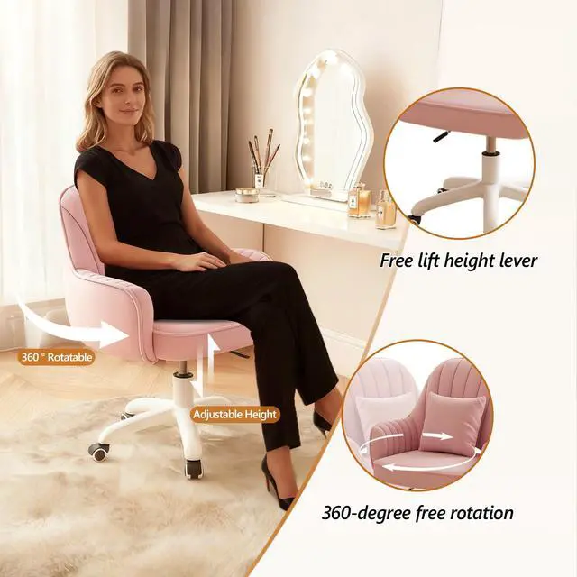 Alt view image 3 of 6 - Mid-Back Velvet Desk Chair, Height Adjustable Swivel Vanity Chair with Wheels, Rolling Accent Chair for Home Office, Bedroom, Living Room, Pink