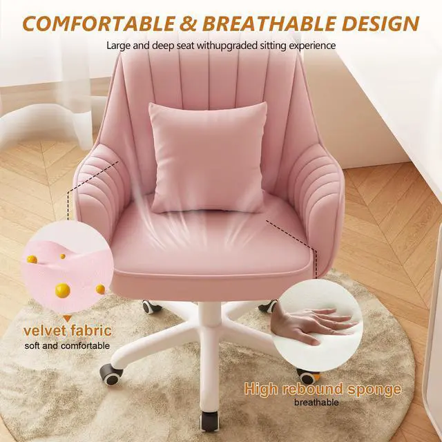 Alt view image 4 of 6 - Mid-Back Velvet Desk Chair, Height Adjustable Swivel Vanity Chair with Wheels, Rolling Accent Chair for Home Office, Bedroom, Living Room, Pink