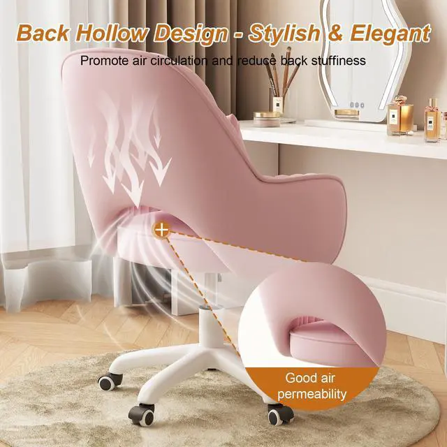 Alt view image 5 of 6 - Mid-Back Velvet Desk Chair, Height Adjustable Swivel Vanity Chair with Wheels, Rolling Accent Chair for Home Office, Bedroom, Living Room, Pink