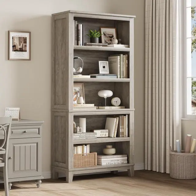 Main image of 71" Farmhouse Bookcase w/Adjustable Shelves & 31.5" Width, 5 Tier Tall Bookshelf with Wooden Legs, Rustic Vintage Book Shelf for Living Room Office Library (Gray)