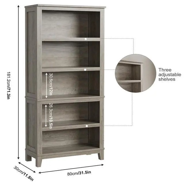 Alt view image 2 of 6 - 71" Farmhouse Bookcase w/Adjustable Shelves & 31.5" Width, 5 Tier Tall Bookshelf with Wooden Legs, Rustic Vintage Book Shelf for Living Room Office Library (Gray)