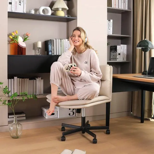 Alt view image 2 of 6 - Criss Cross Chair with Wheels Home Office Desk Chairs,PU Leather | Vanity Chair Mid-Back Ergonomic Computer Chair Comfortable Adjustable Swivel Desk Chair Comfy