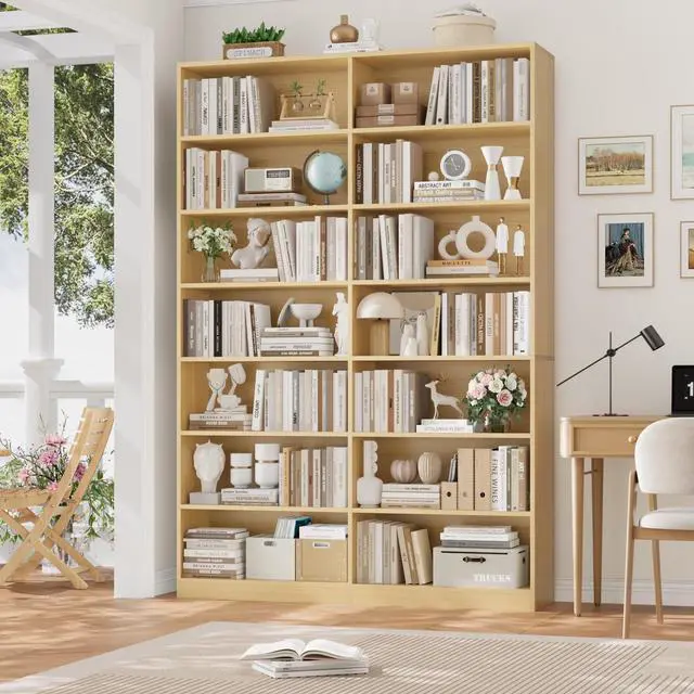 Alt view image 2 of 6 - 83.7" Tall Bookshelf and Bookcase, 7-Tier Extra Large Bookshelf with Double Storage, 14 Open Display Shelves for Home Office, Study and Living Room, Natural