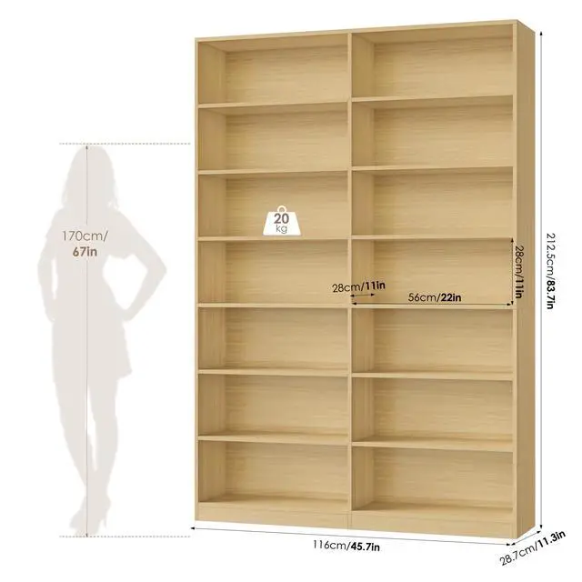Alt view image 3 of 6 - 83.7" Tall Bookshelf and Bookcase, 7-Tier Extra Large Bookshelf with Double Storage, 14 Open Display Shelves for Home Office, Study and Living Room, Natural