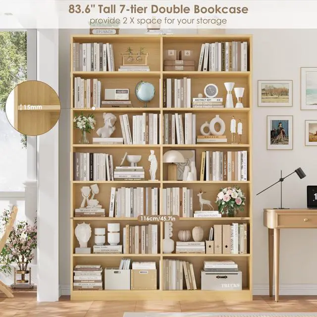 Alt view image 5 of 6 - 83.7" Tall Bookshelf and Bookcase, 7-Tier Extra Large Bookshelf with Double Storage, 14 Open Display Shelves for Home Office, Study and Living Room, Natural