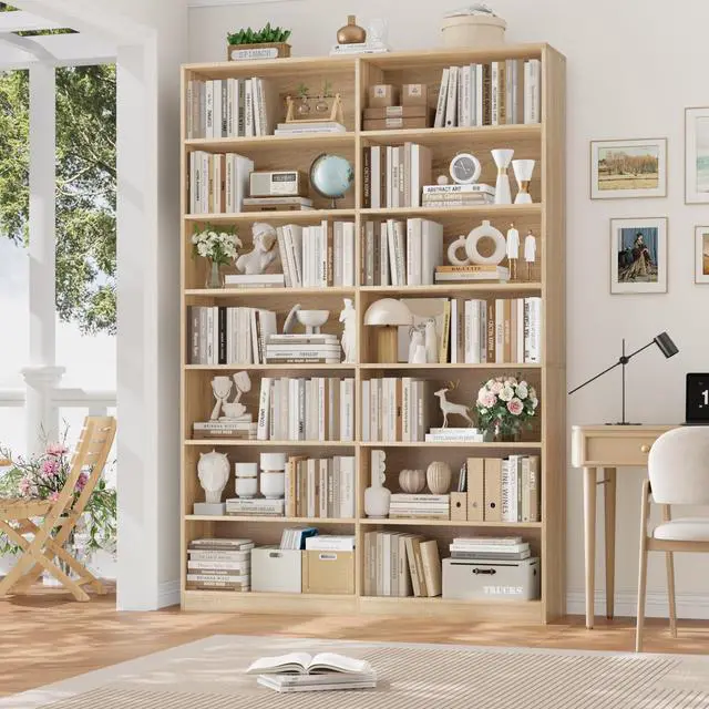 Alt view image 2 of 6 - 83.7" Tall Bookshelf and Bookcase, 7-Tier Extra Large Bookshelf with Double Storage, 14 Open Display Shelves for Home Office, Study and Living Room, Light Oak
