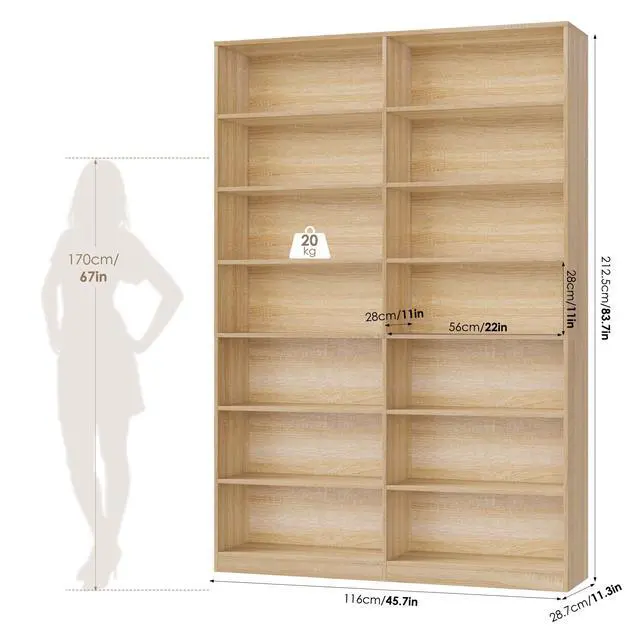 Alt view image 3 of 6 - 83.7" Tall Bookshelf and Bookcase, 7-Tier Extra Large Bookshelf with Double Storage, 14 Open Display Shelves for Home Office, Study and Living Room, Light Oak