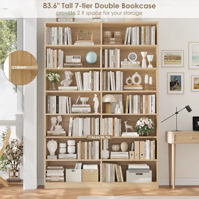 Alt view image 5 of 6 - 83.7" Tall Bookshelf and Bookcase, 7-Tier Extra Large Bookshelf with Double Storage, 14 Open Display Shelves for Home Office, Study and Living Room, Light Oak