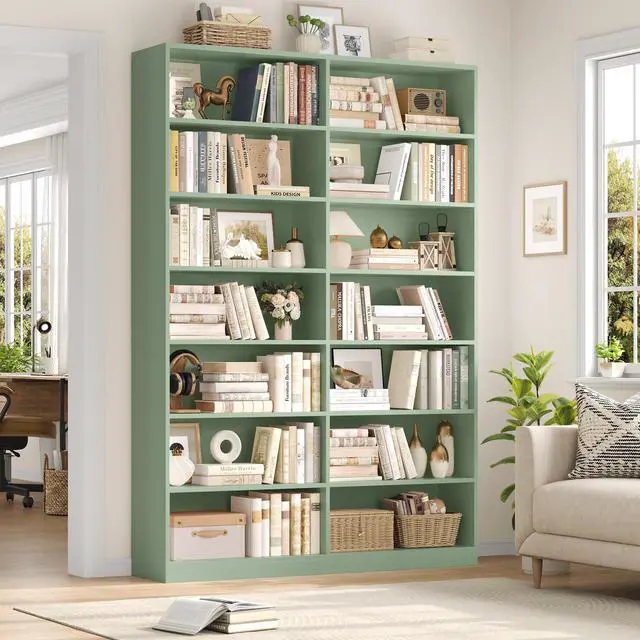 Alt view image 2 of 6 - 83.7" Tall Bookshelf and Bookcase, 7-Tier Extra Large Bookshelf with Double Storage, 14 Open Display Shelves for Home Office, Study and Living Room, Green