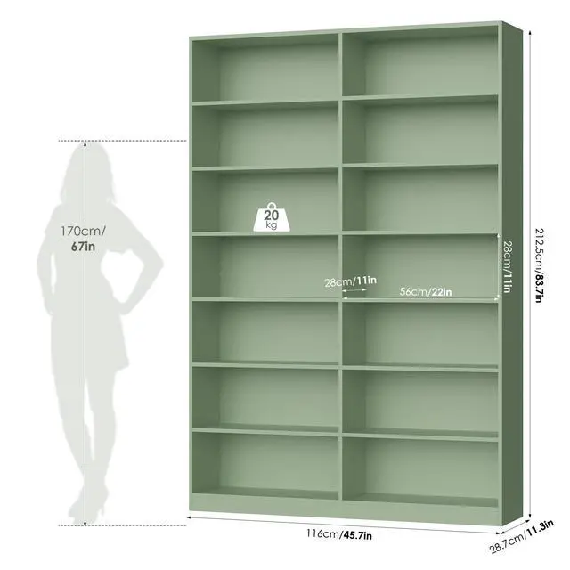 Alt view image 3 of 6 - 83.7" Tall Bookshelf and Bookcase, 7-Tier Extra Large Bookshelf with Double Storage, 14 Open Display Shelves for Home Office, Study and Living Room, Green