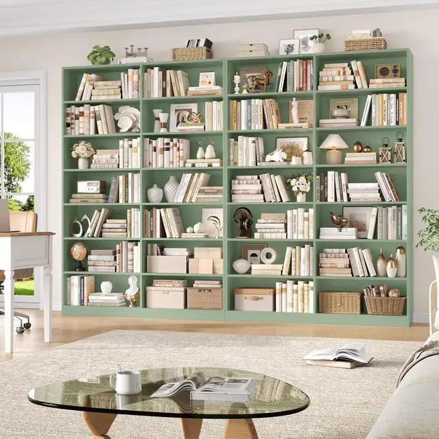 Alt view image 4 of 6 - 83.7" Tall Bookshelf and Bookcase, 7-Tier Extra Large Bookshelf with Double Storage, 14 Open Display Shelves for Home Office, Study and Living Room, Green