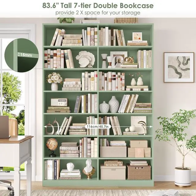 Alt view image 5 of 6 - 83.7" Tall Bookshelf and Bookcase, 7-Tier Extra Large Bookshelf with Double Storage, 14 Open Display Shelves for Home Office, Study and Living Room, Green
