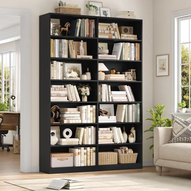 Alt view image 2 of 6 - 83.7" Tall Bookshelf and Bookcase, 7-Tier Extra Large Bookshelf with Double Storage, 14 Open Display Shelves for Home Office, Study and Living Room, Black