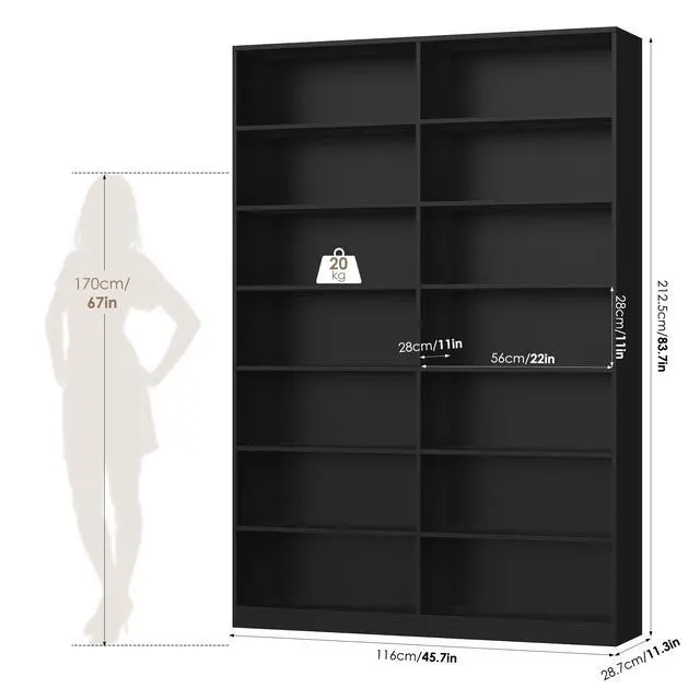 Alt view image 3 of 6 - 83.7" Tall Bookshelf and Bookcase, 7-Tier Extra Large Bookshelf with Double Storage, 14 Open Display Shelves for Home Office, Study and Living Room, Black