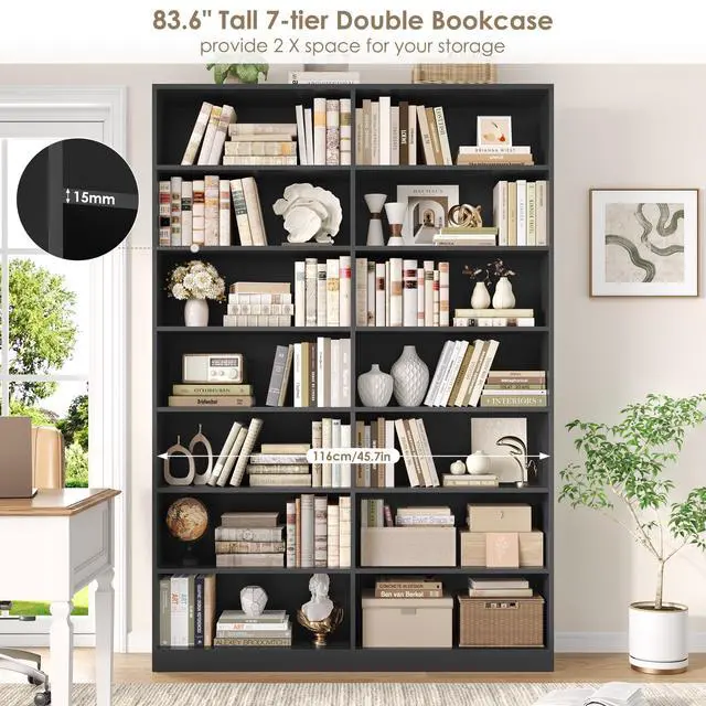 Alt view image 5 of 6 - 83.7" Tall Bookshelf and Bookcase, 7-Tier Extra Large Bookshelf with Double Storage, 14 Open Display Shelves for Home Office, Study and Living Room, Black