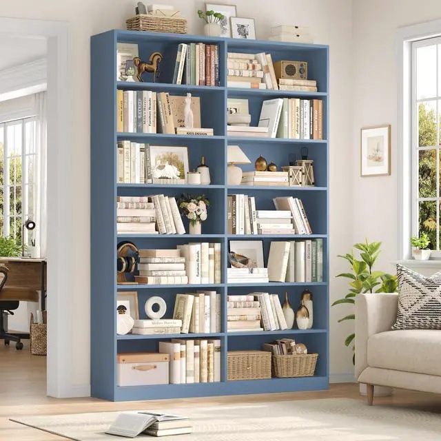 Alt view image 2 of 6 - 83.7" Tall Bookshelf and Bookcase, 7-Tier Extra Large Bookshelf with Double Storage, 14 Open Display Shelves for Home Office, Study and Living Room, Blue